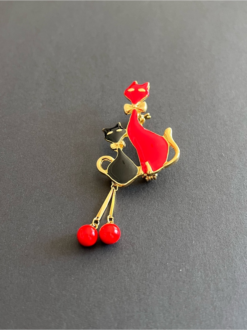 Gold Cat Duo Brooch Pin with Red and Black Enamel